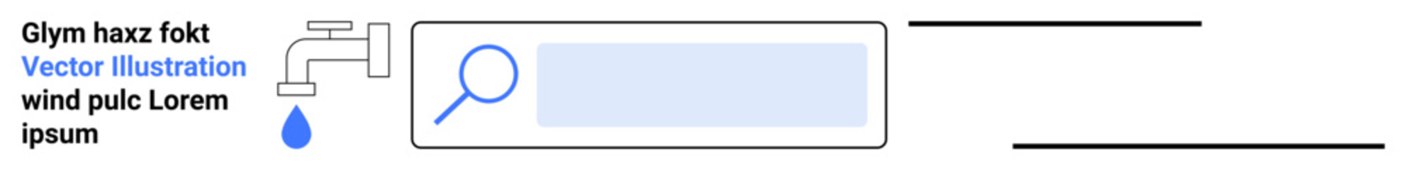 Environmental awareness, water conservation, online search, digital resources, sustainability, efficiency. A water tap with a droplet and a search bar icon. Environmental awareness and water