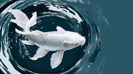 Graceful White Koi Fish Swimming in Circular Ripples on Water Surface