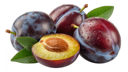 Fresh Plums with Leaves fruit isolated on a transparent background