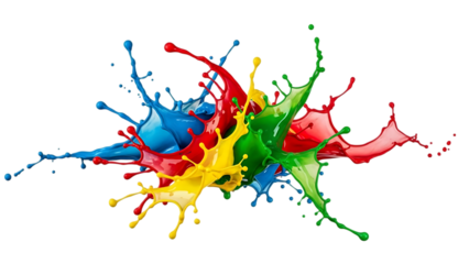 Vibrant Abstract Paint Splashes in Primary Colors (Red, Yellow, Blue, Green), isolated on transparent background.