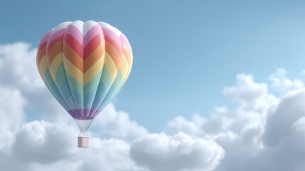 Fototapeta premium Colorful hot air balloon floating gracefully among fluffy clouds in a bright blue sky, capturing the essence of adventure and freedom