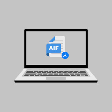 Laptop displaying an AIF audio file icon with a download symbol, representing digital media retrieval and compatibility and digital content management