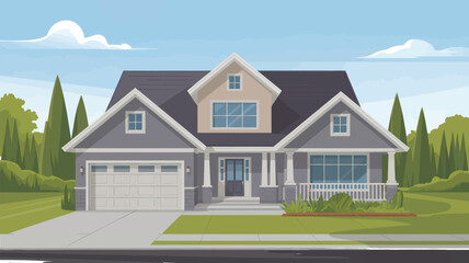 Suburban two-story family house with attached garage stands prominently on a green lawn for real estate advertising.