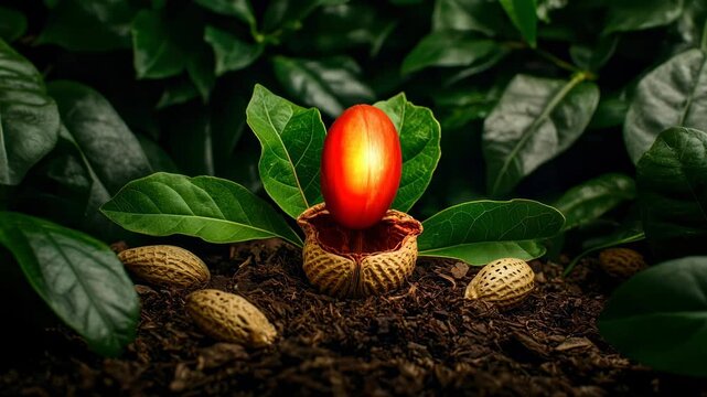 Peanut shell with vibrant red seed, green leaf rich soil, surrounded by peanuts, symbolizing growth, nature, organic agriculture, healthy environment