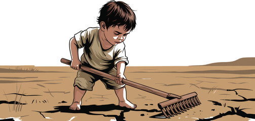 Small child working hard with a garden rake on dry cracked earth representing themes of drought and labor for editorial use.