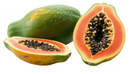 Green papaya with orange flesh and black seeds fruit green skin isolated on a transparent background