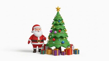 Cute 3D Illustration of Santa Claus Standing Beside a Decorated Christmas Tree with Colorful Gift Boxes in a Festive Holiday Scene