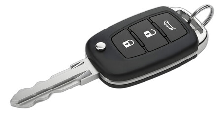 Modern black car key fob with three buttons and metal blade on transparent background