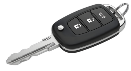 Modern black car key fob with three buttons and metal blade on transparent background