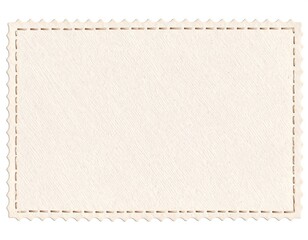 A rectangular, postage-stamp-like paper with serrated edges and textured surface