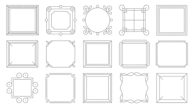 A diverse set of fifteen unique square outline frames displaying various elegant decorative border patterns