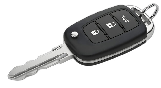 Modern black car key fob with three buttons and metal blade on transparent background