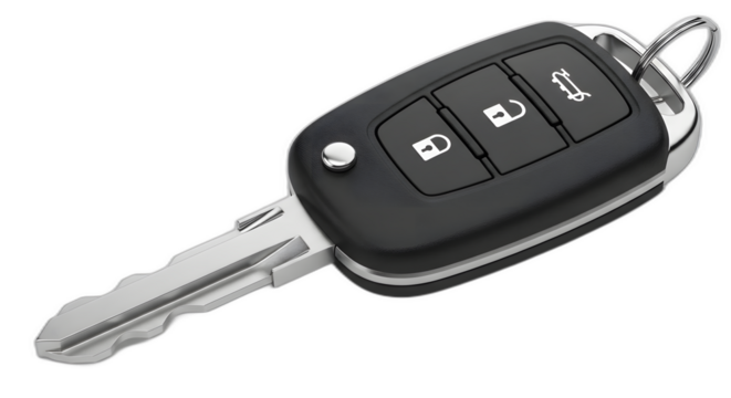 Modern black car key fob with three buttons and metal blade on transparent background - Powered by Adobe