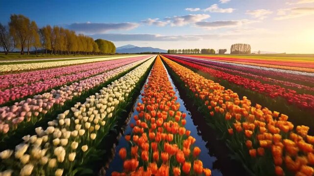 Colorful Tulip Fields in Bloom Under Sunny Sky