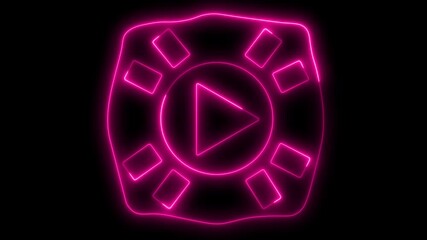 Glowing neon pink game controller outline animation with a central play button on a black background, gaming, entertainment, media, or technology
