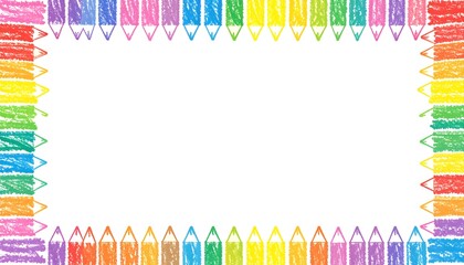 A rectangular white space framed by rows of hand-drawn, brightly colored crayons