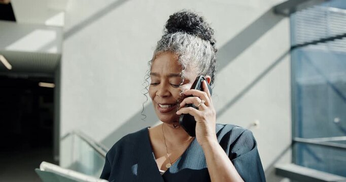 Happy woman, tablet and discussion with phone call for conversation or business proposal. Female person, agent or consultant talking with technology on mobile smartphone for company plan or advice