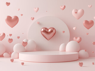 3d rendering of a valentine's day background with a podium stage and heart shape in pastel tones for a product display presentation design concept, love day theme scene mockup design. 