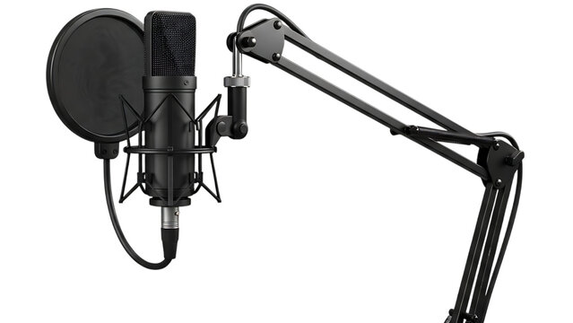 Condenser Microphone on Stand with Pop Shield, Isolated on Transparent Background