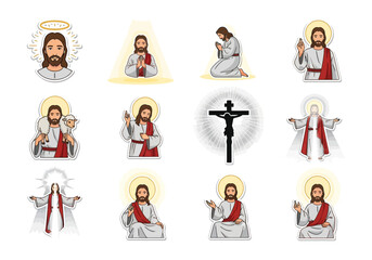 Illustrations of Jesus Christ with Halo in Various Poses and Crucifix