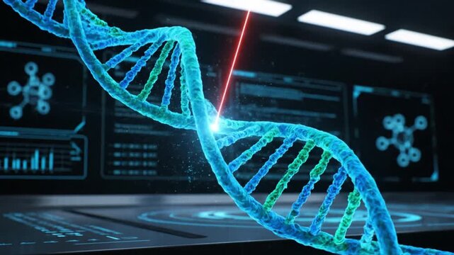 Cinematic medical visualization of dna helix scanning in digital space representing future biotechnology and precision healthcare
