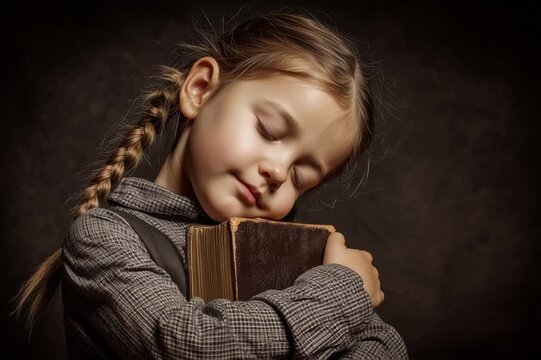 Little girl with closed eyes hugging a Bible. Child praying. Christian education of kids. Faith and religion concept