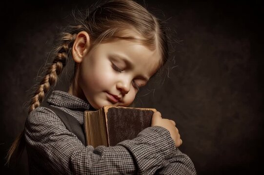Little girl with closed eyes hugging a Bible. Child praying. Christian education of kids. Faith and religion concept