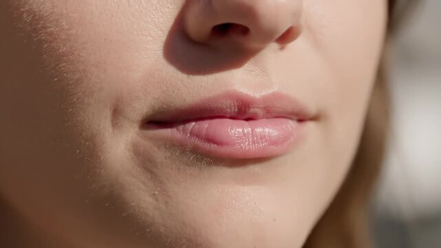CloseUp Of A Young Woman's Lips Parted Slightly With Subtle Smile Natural Lighting Soft Focus Background Of Outdoor Setting