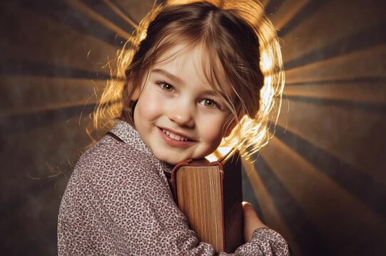 Little girl with closed eyes hugging a Bible. Child praying. Christian education of kids. Faith and religion concept