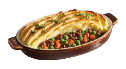 Shepherd's pie in brown dish food meal isolated on a transparent background