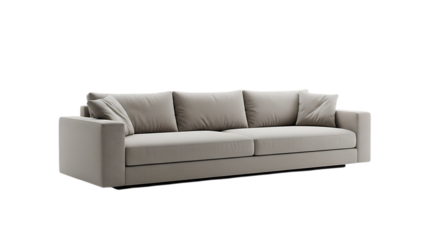 Spacious Modern Beige Sofa with Side Cushions, Cut Out for Interior Design