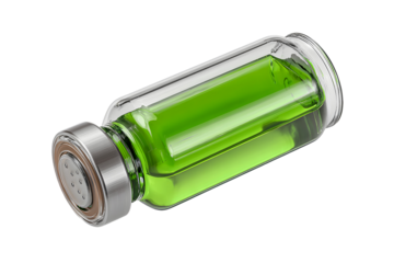 Medical Vial with Bright Green Liquid and Label, isolated on transparent background