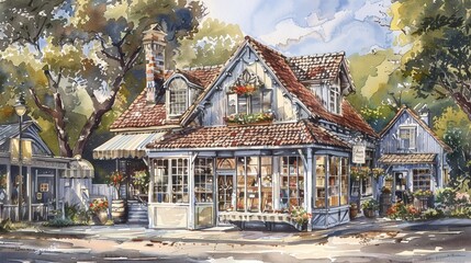 A watercolor painting of a charming boutique in a quaint town, showcasing unique items and personalized customer service