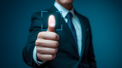Fingerprint scan on businessman's thumb for biometric authentication, data security, digital identification, and access control on a dark blue gradient background