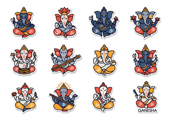 Collection of Whimsical Ganesh Illustrations in Various Poses