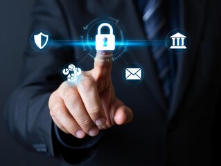 Businessman hand touching a social network icon on a virtual digital screen to connect with the global business communication technology web