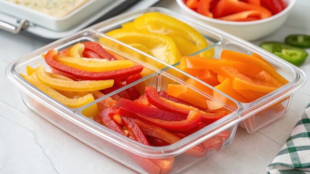 Colorful mini sweet pepper slices in compartmental snack container, fresh vegetable prep for healthy lunchbox, meal planning, cooking blogs, nutrition guides, or plant-based diet concepts