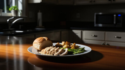 Single plate of food in quiet kitchen at night, soft ambient shadows, calm atmosphere