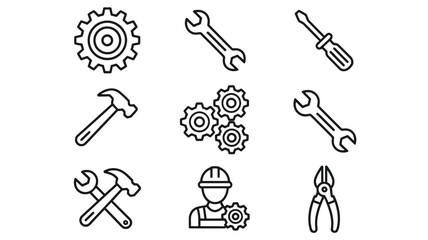 Bold line icons displaying essential construction and maintenance tools for various technical projects