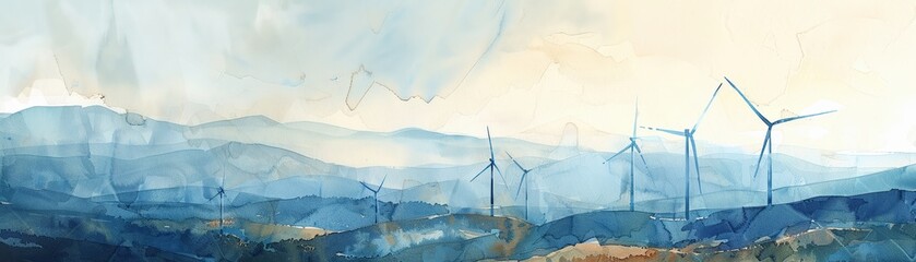A watercolor painting of a wind turbine field against a backdrop of rolling hills, conveying the tranquility and power of wind energy