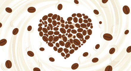 Obraz premium A romantic heart shape crafted from numerous dark brown coffee beans, with aromatic individual beans swirling on a creamy, latte art-inspired background.