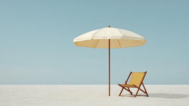 Beach umbrella and lounge chair under clear sky relaxing scene