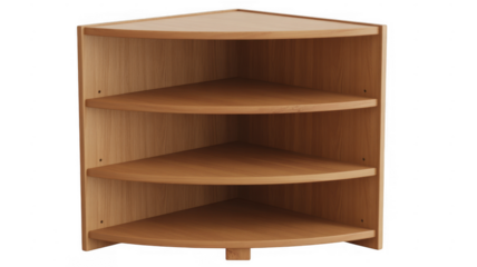 Wooden corner shelf unit with three curved shelves wooden shelf storage isolated on a transparent background