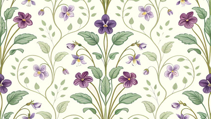 Elegant purple floral pattern with green leaves on cream. Use for wallpaper design blogs, vintage craft sites, and fashion articles focusing on spring textiles and classic botanical art.