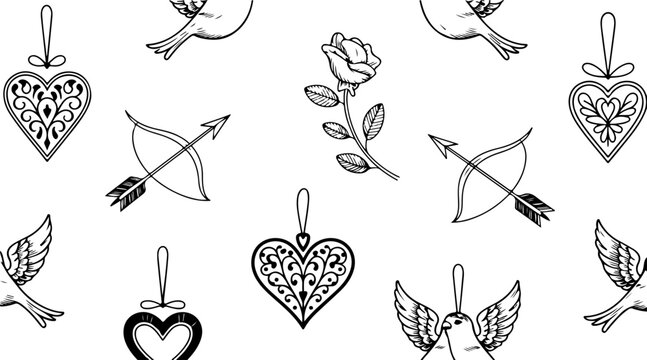 Seamless romantic doodle pattern featuring hand-drawn hearts, rose, cupids bow, and doves
