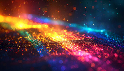 虹色に輝くグリッターとボケ光の抽象背景｜カラフルな光粒子と幻想的グラデーションが広がる華やかなイメージ