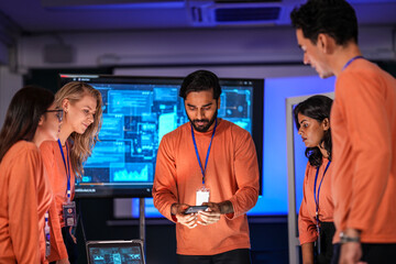 In a government command center, a diverse team of intelligence analysts collaborates on a critical mission, analyzing real-time data from a tablet, phone, and a large video wall.