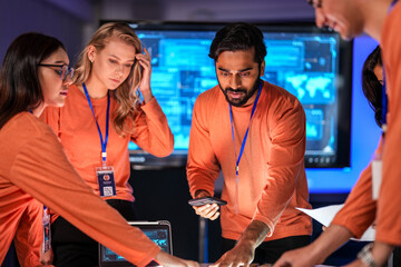 A diverse tech event team in matching orange uniforms collaborates in a high-tech control room, coordinating logistics by analyzing real-time data on a tablet and smartphone.