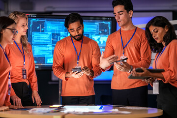A diverse tech event team in matching orange uniforms collaborates in a high-tech control room, coordinating logistics by analyzing real-time data on a tablet and smartphone.