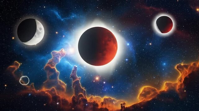 Three eclipses in a starry nebula, a cosmic phenomenon. 4k video